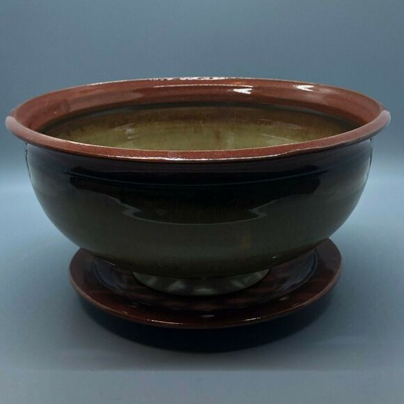 Fruit Colander Brown Olive Pottery Bowl with Dish - Picture 1 of 8